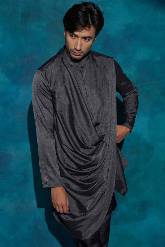 CHARCOAL GRAY LONG DRAPE KURTA SET