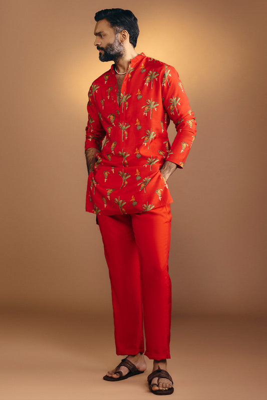 Red Tropical Kurta Set
