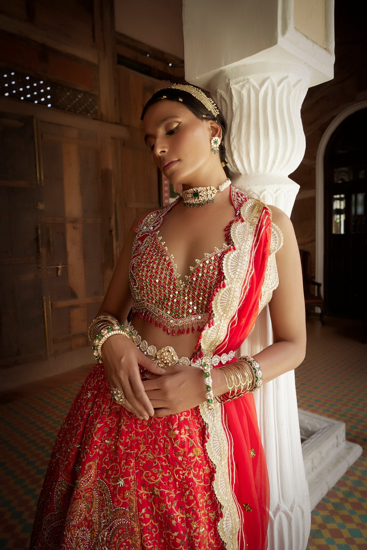 Women's Red Silk Embroidered Lehenga Set