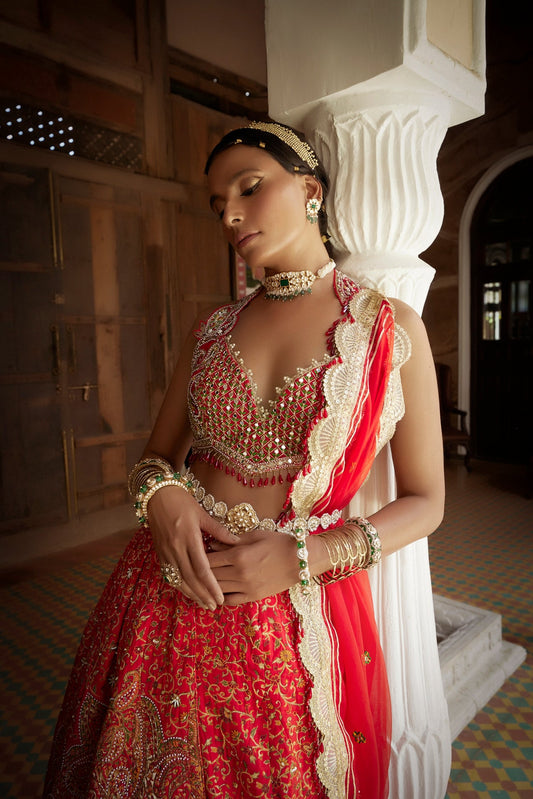 Women's Red Silk Embroidered Lehenga Set