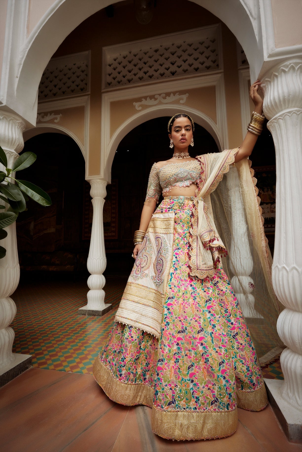 Women's Cream Floral Jamawar Lehenga