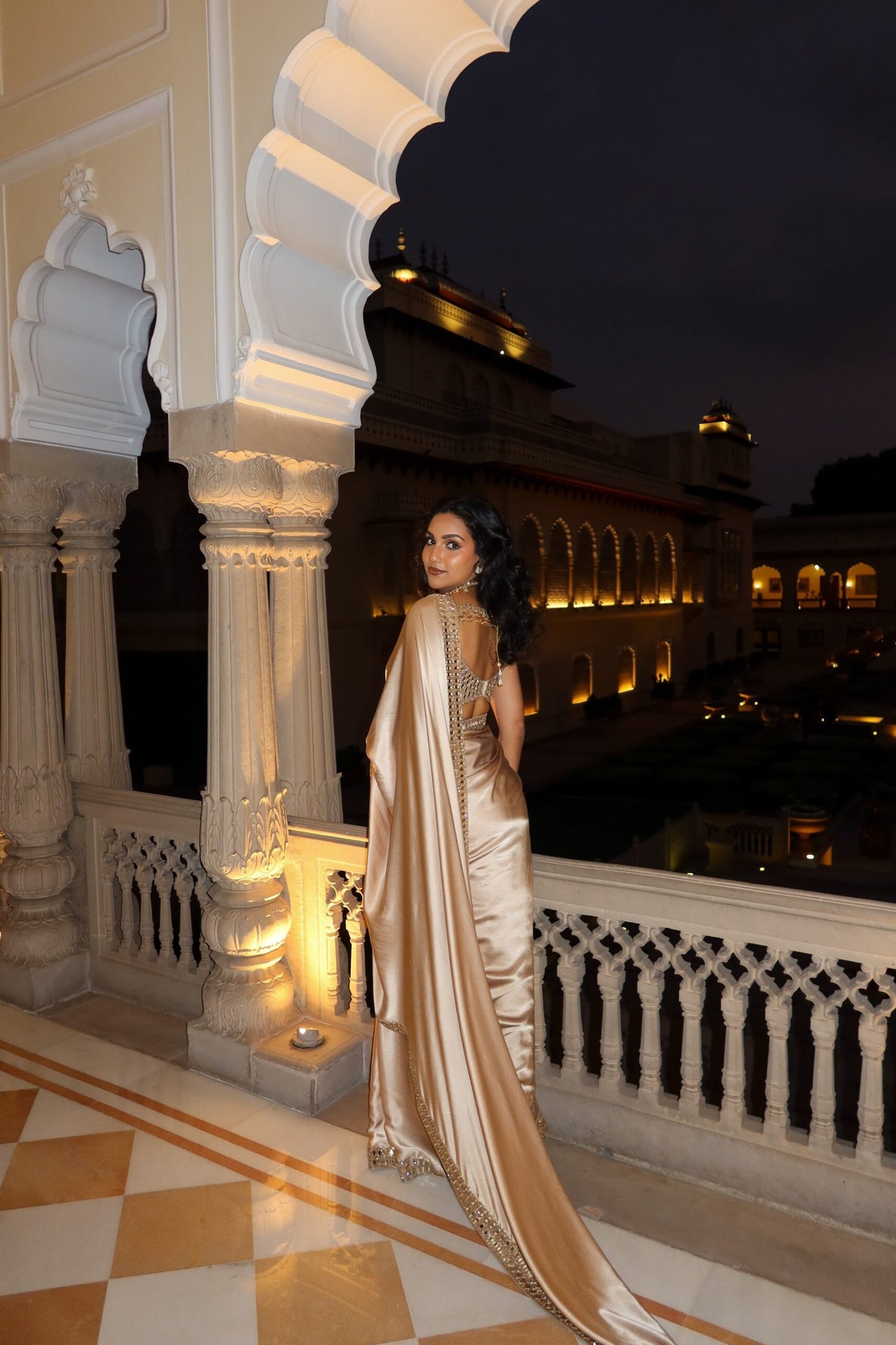 VISHAKHA HOLSAMBRE In Light Beige satin Saree Set