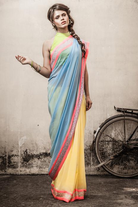 Sari with Blouse Olive Yellow Powder Blue Coral Orange