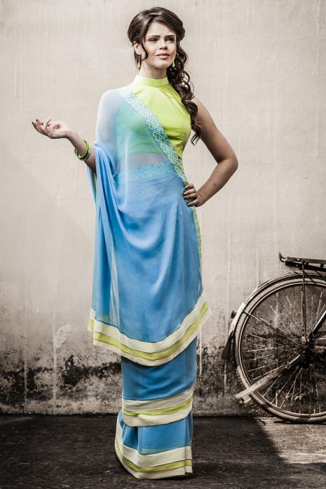 Sari with Blous Olive Off white Powder Blue
