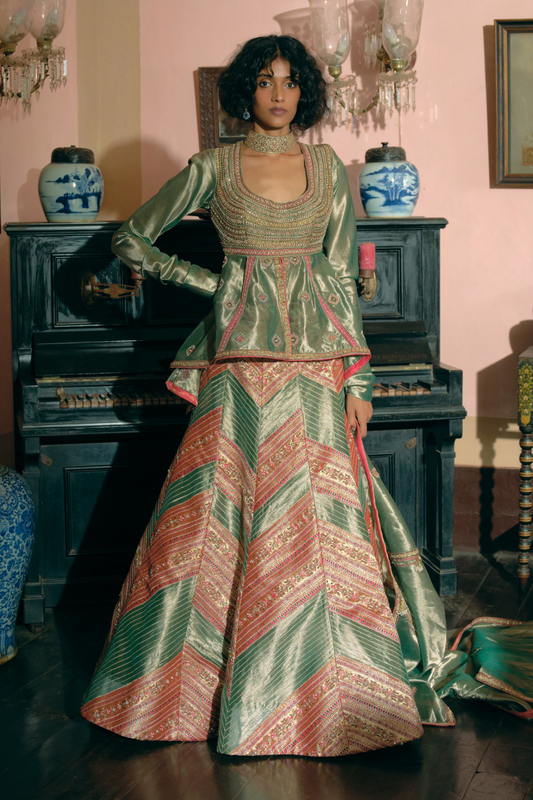 Kompal Matta Kapoor Emerald Green silk zari tissue peplum top with skirt and dupatta set