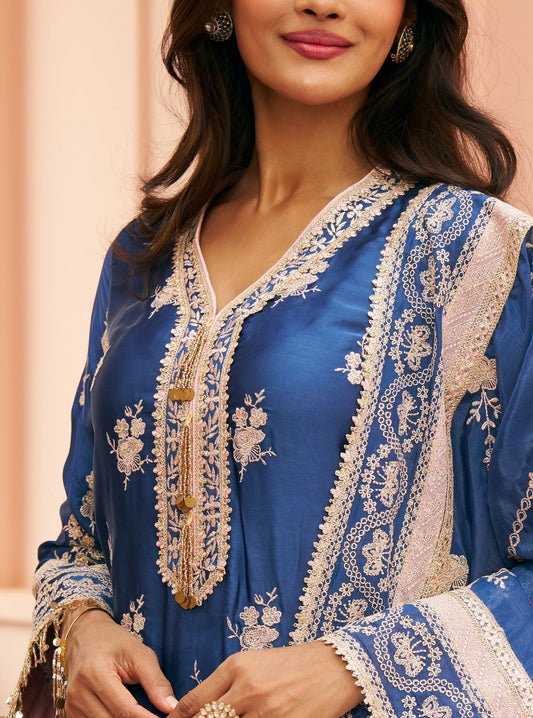 Saaj Cupro Satin Navy Kurta Set