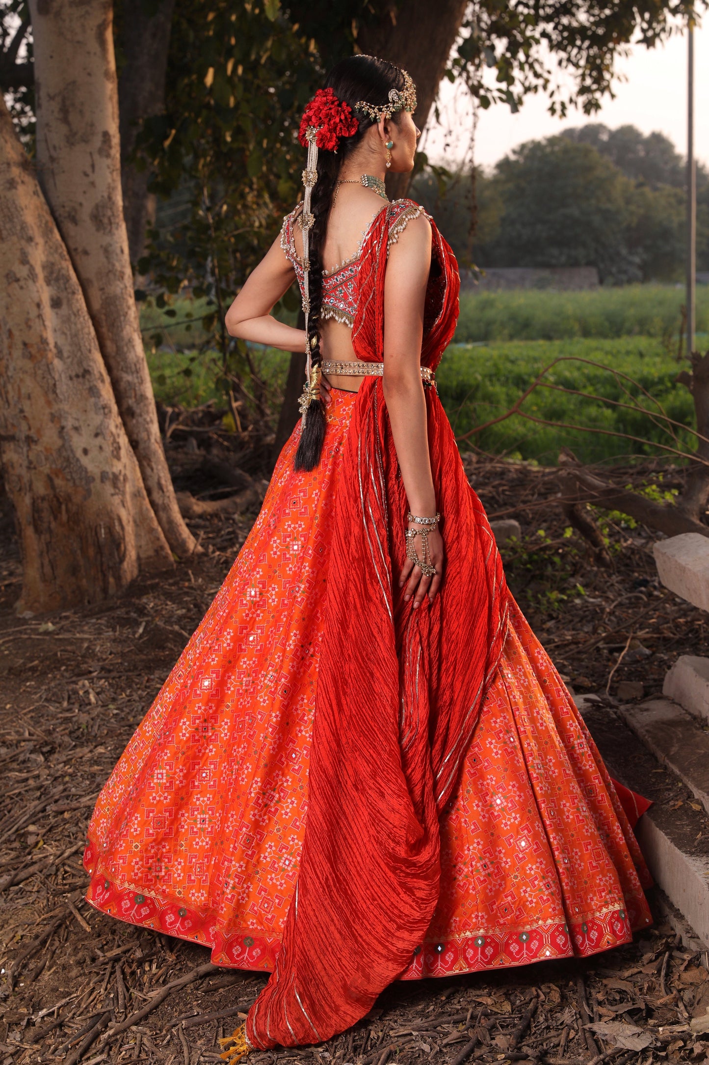 Women's Orange Embroidered Lehenga Set backview