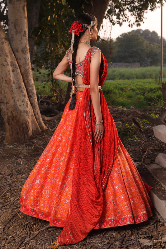 Women's Orange Embroidered Lehenga Set backview