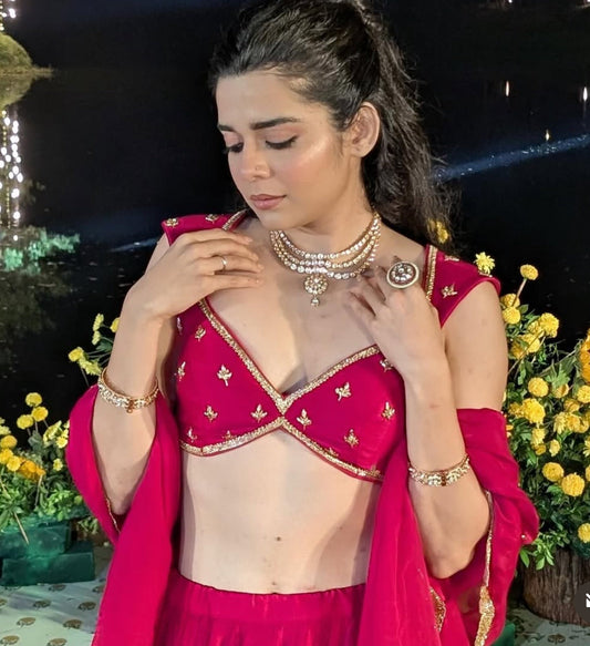 FUSCIA PINK 12 KALI LEAF EMBROIDERED LEHENGA WITH BLOUSE AND DUPATTA