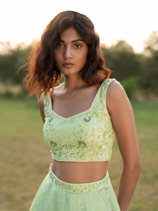 Summerhaven Green Silk Organza Lehenga