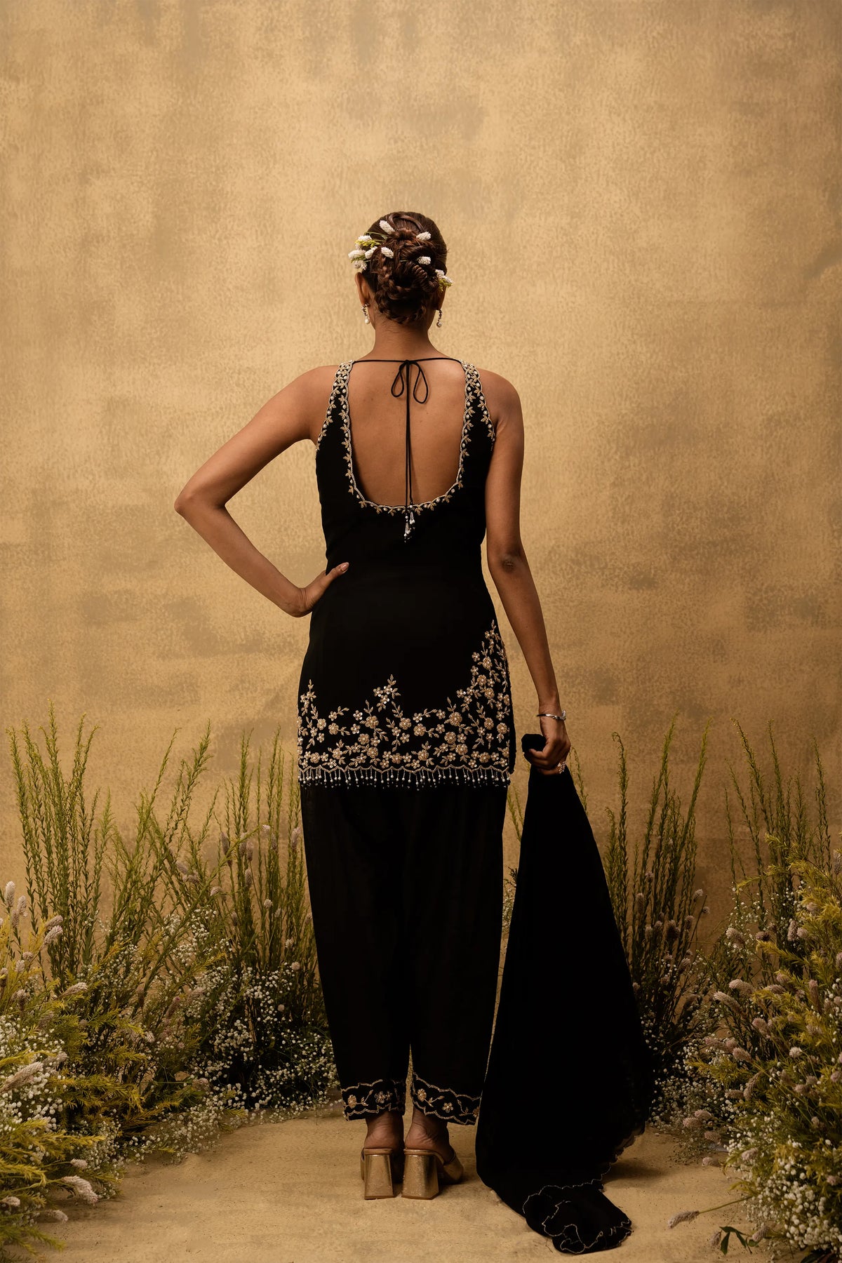 Black hand embroidered chanderi silk suit set with organza dupatta