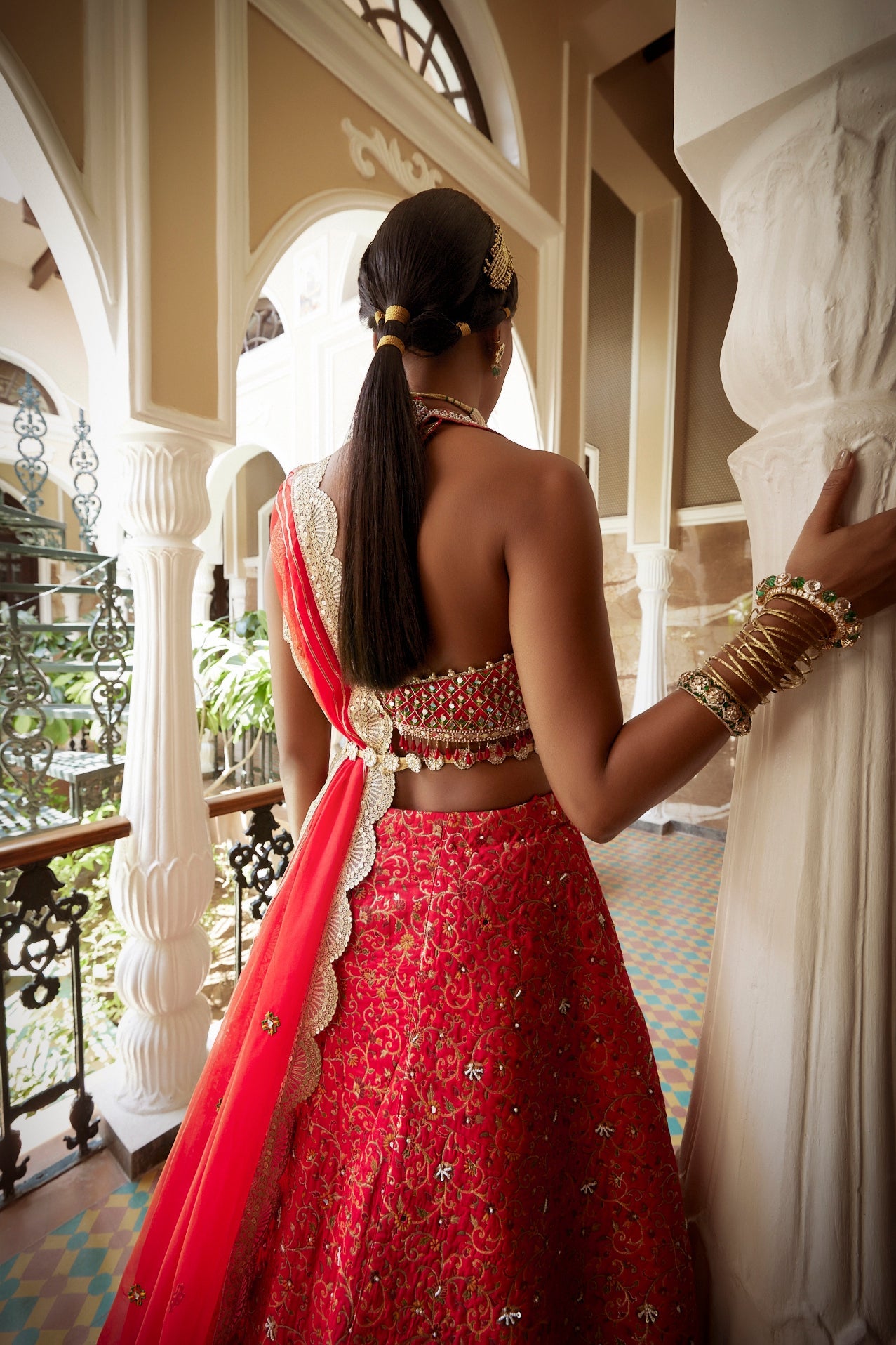 Women's Red Silk Embroidered Lehenga Set backview