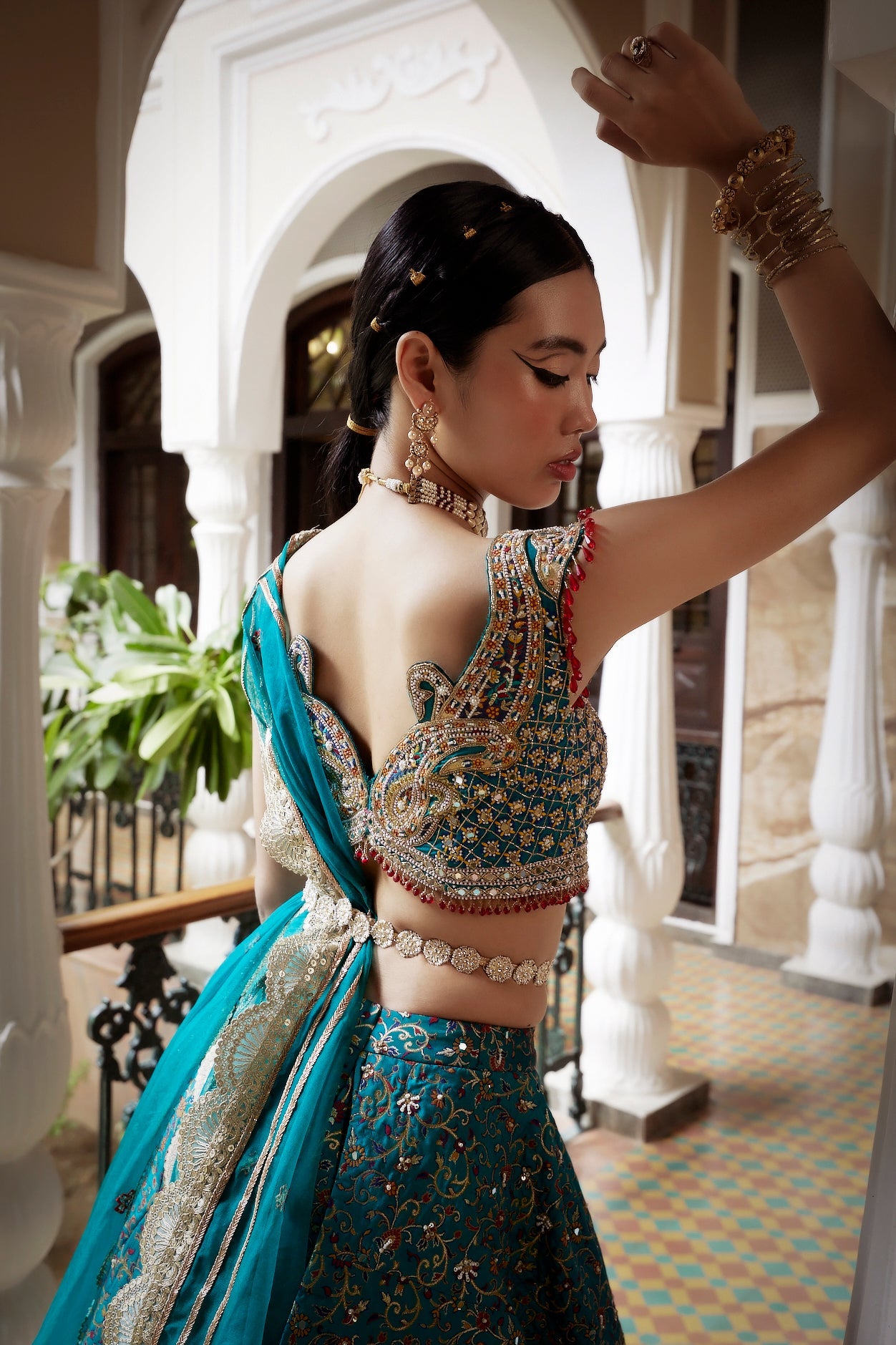 Buy Teal Blue Jamawar Embroidered Lehenga Set backside