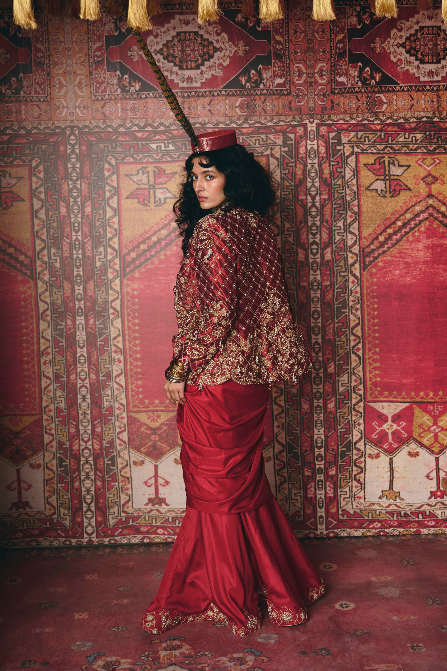 Maroon Drape Skirt, Jacket and Bustier Set