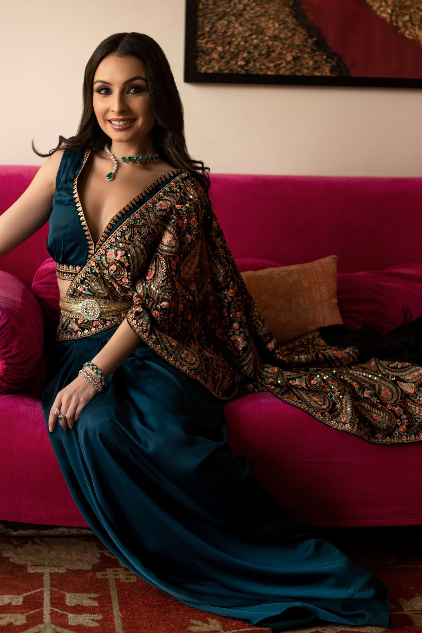 Women's Teal Embroidered Draped Saree Skirt Set