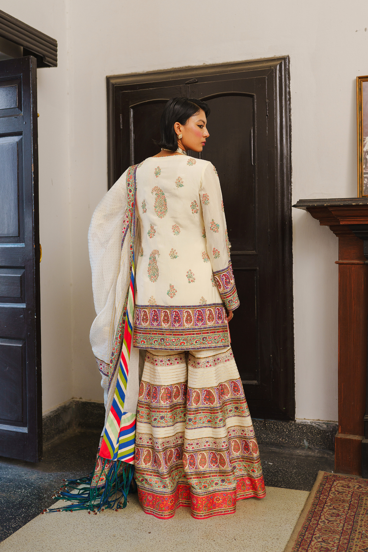 Ivory paisley short kurta with sharara set