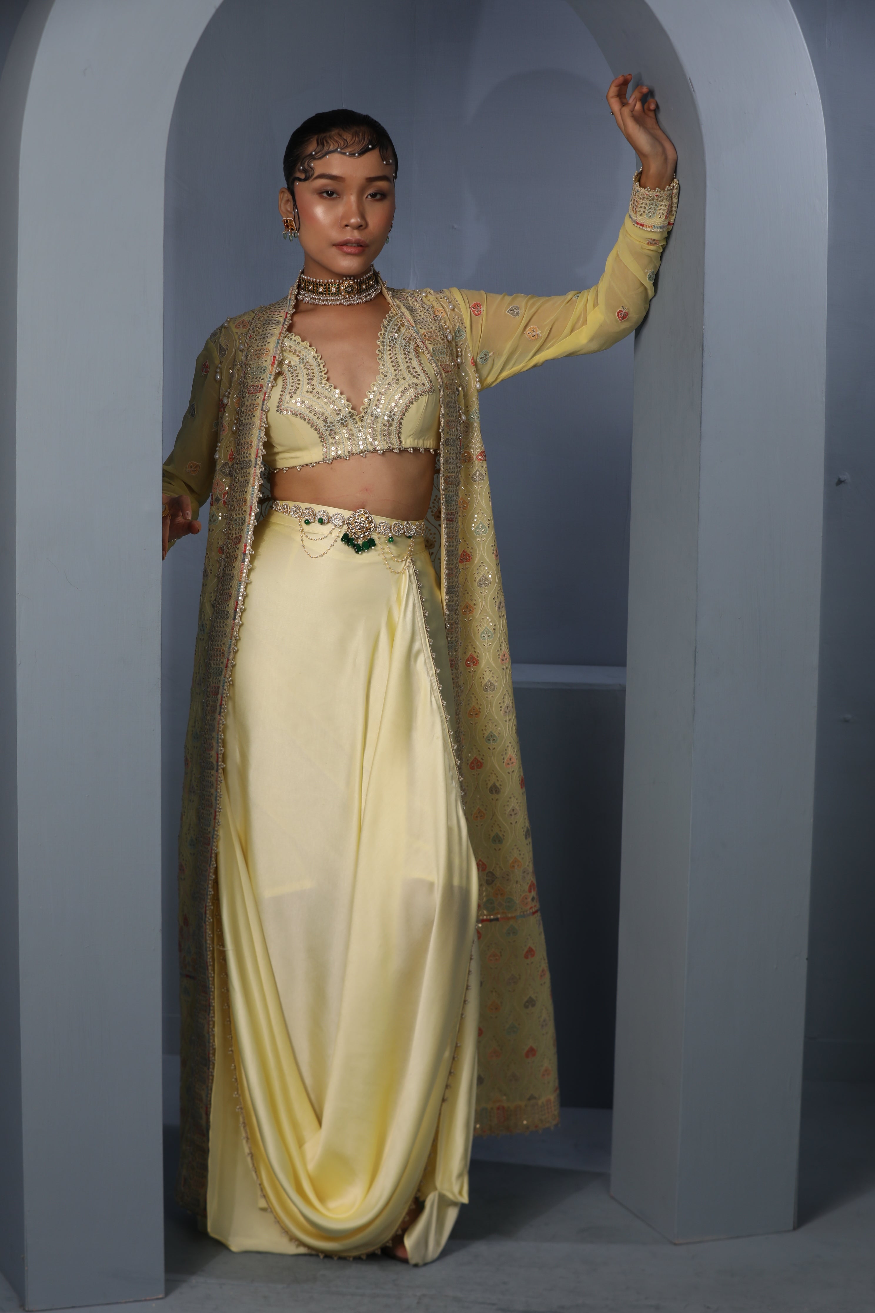 Women's Yellow Floral Draped Cape-Skirt