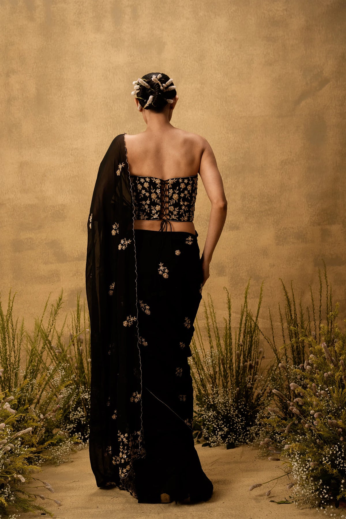 Black Pre-stitched hand embroidered organza saree set