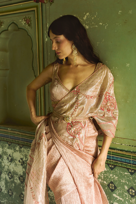 Rose gold crushed silk saree