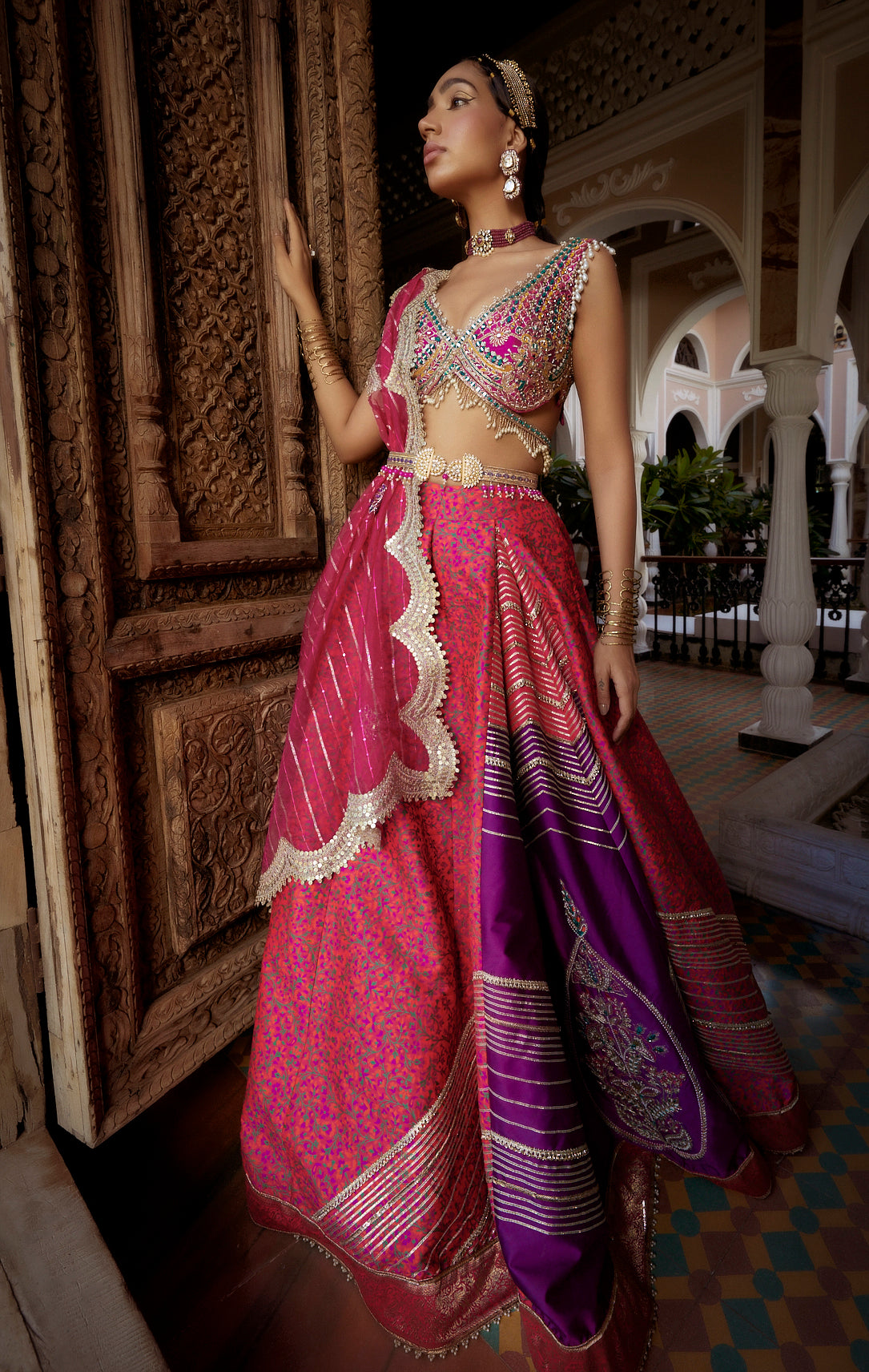 Shop Coral Jamawar Embroidered Lehenga Set