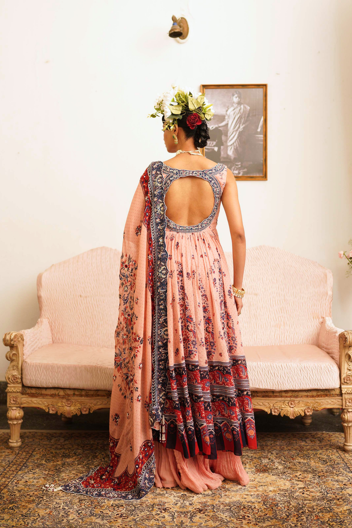 Soft pink open Jacket with crushed sharara set
