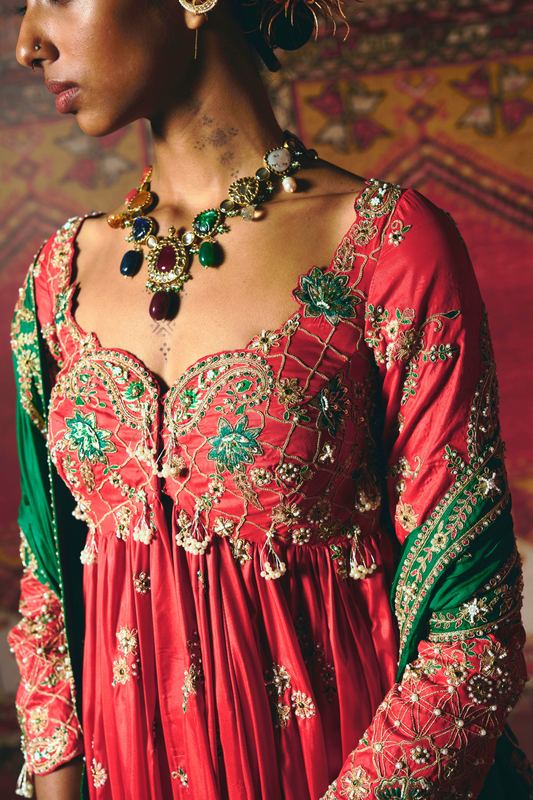 Red Open Jacket Anarkali Set