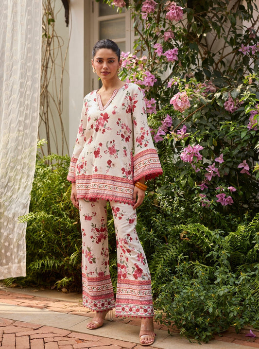Aelani Linen Printed Off White Co-ord Set