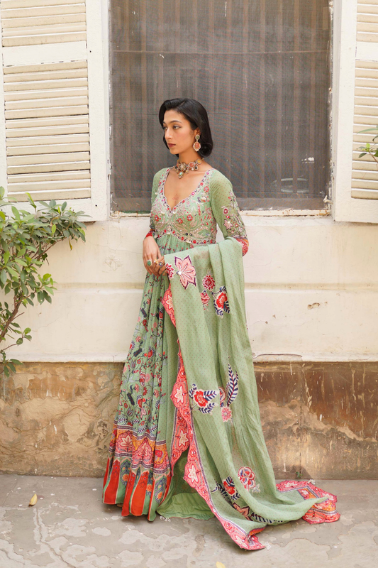 Pista green floral anarkali set