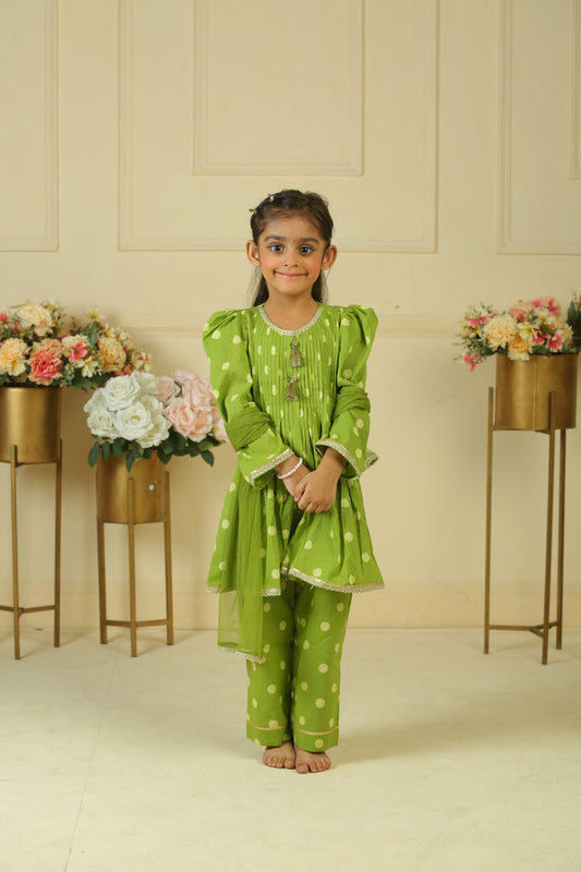 Green Lace Polka Dot Handblock Print Pleated Kurta Set