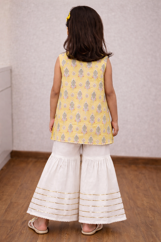 Yellow Hand Block Printed Cotton Sharara Suit