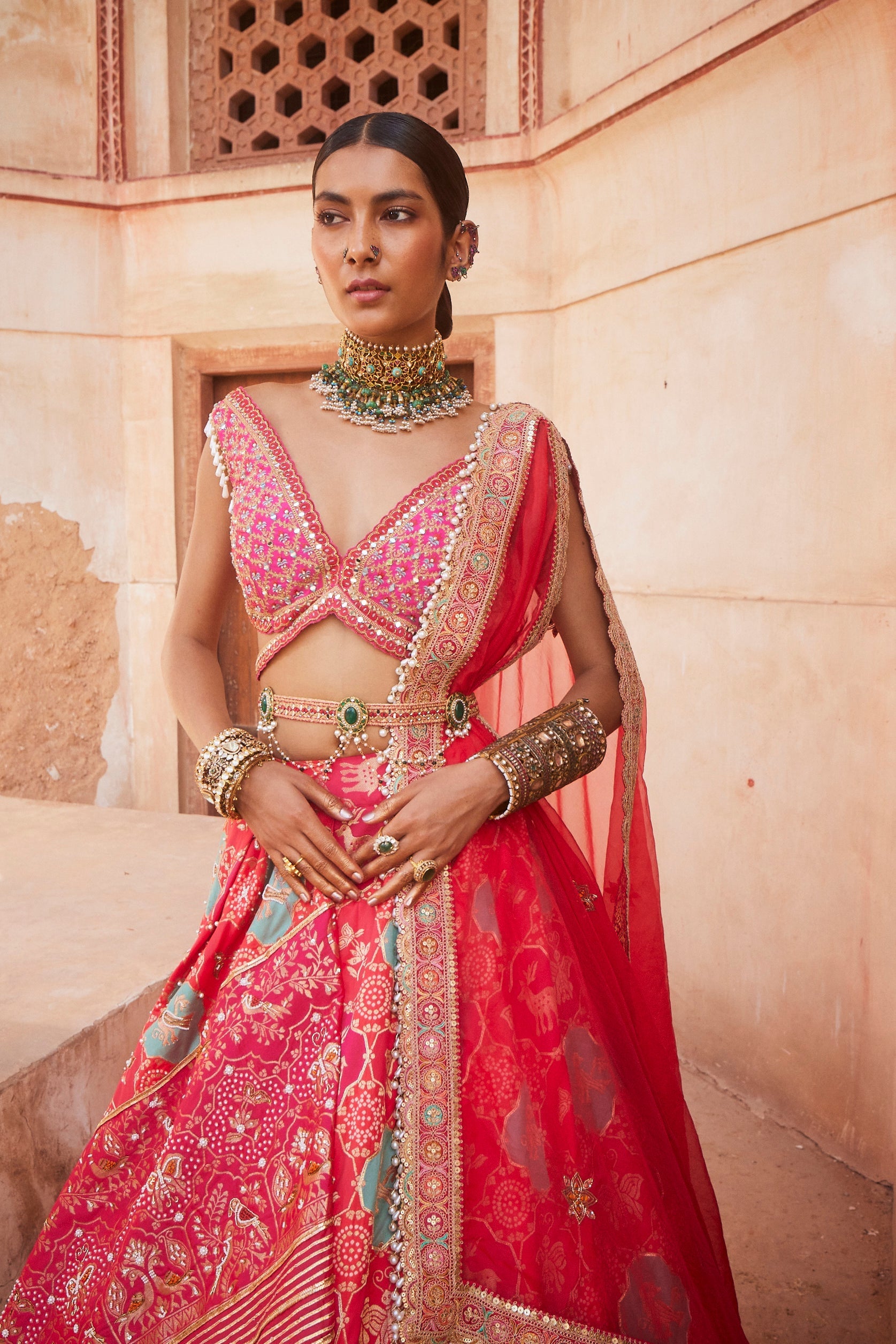 Women's Coral Banarsi Woven Lehenga Set