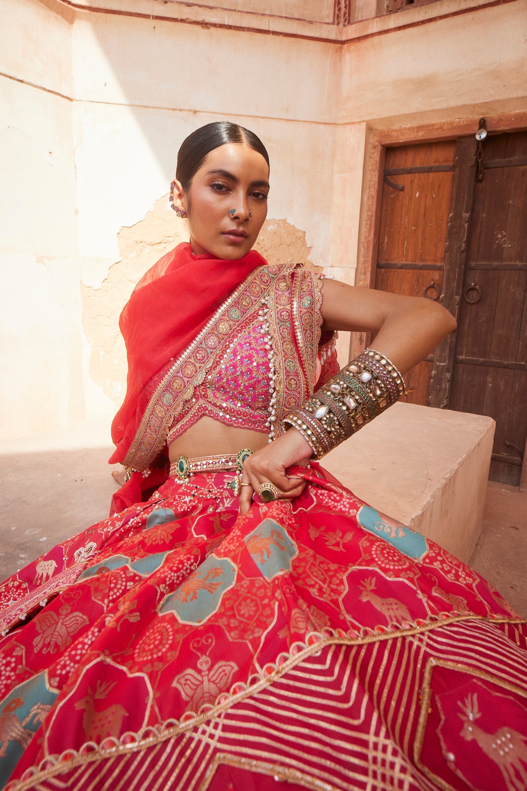 Women's Coral Banarsi Woven Lehenga Set