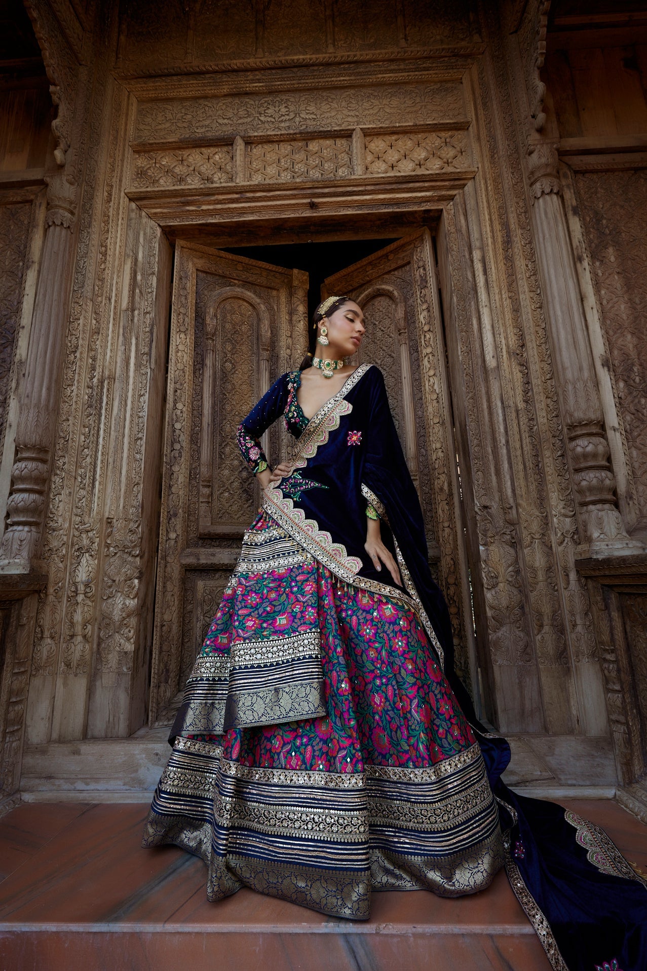 Women's Blue Floral Velvet Jamawar Lehenga