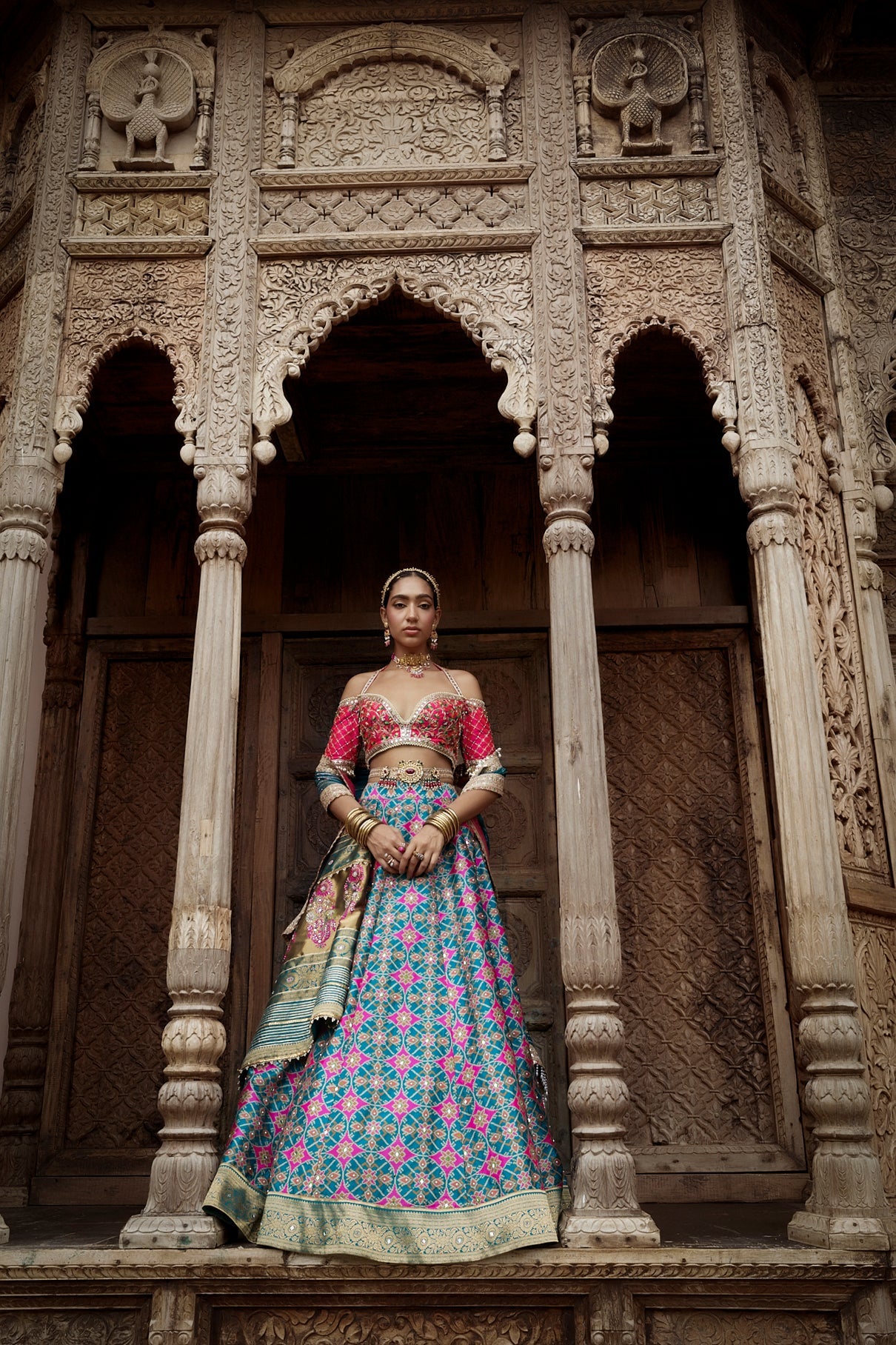 Women's Teal Blue Patola Woven Lehenga Set