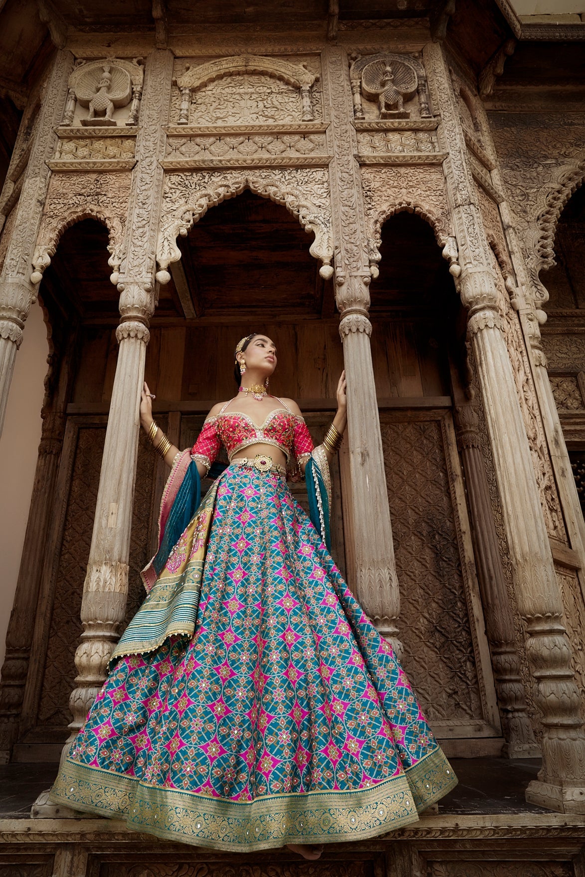 Women's Teal Blue Patola Woven Lehenga Set