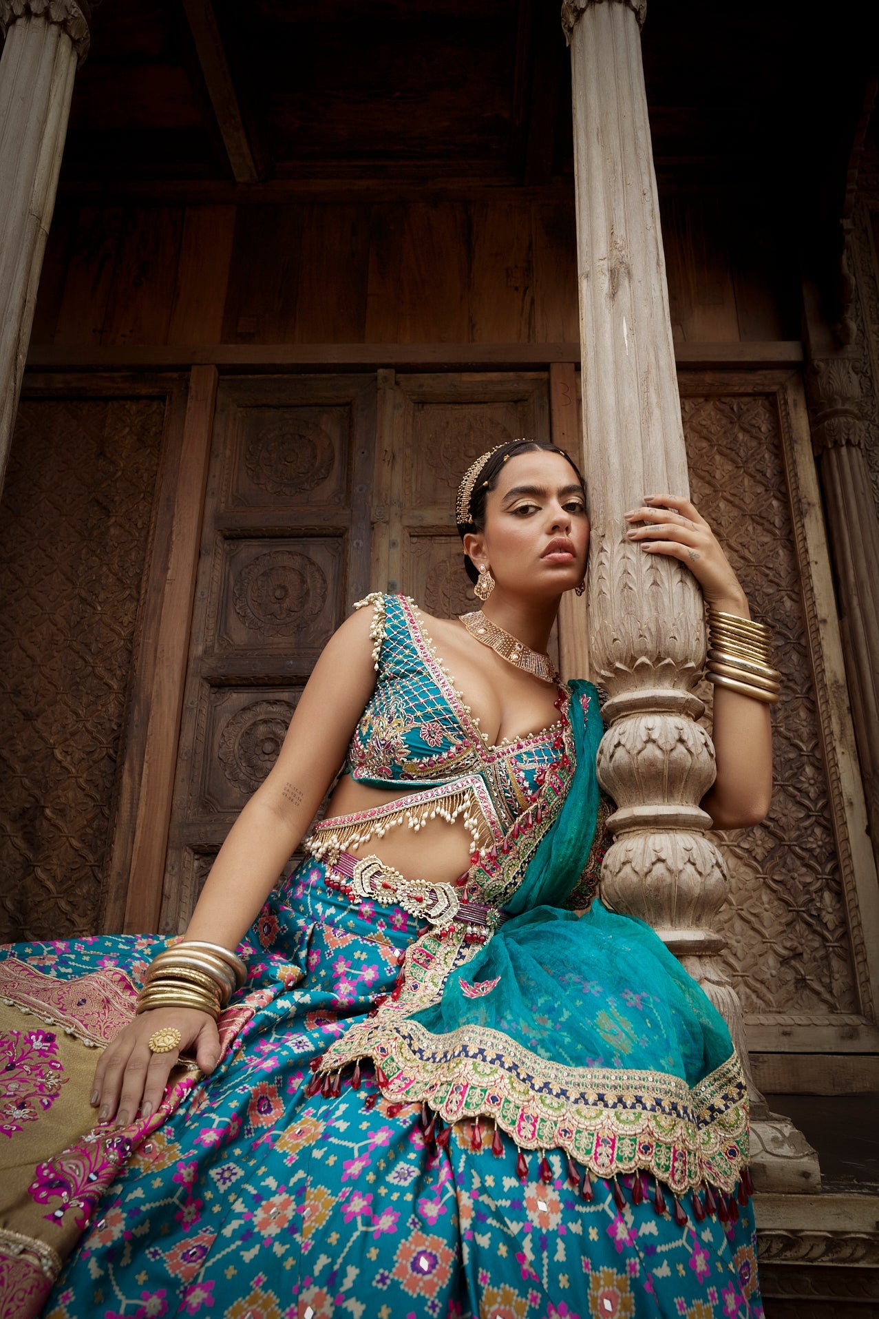 Women's Teal Blue-Purple Patola Lehenga Set