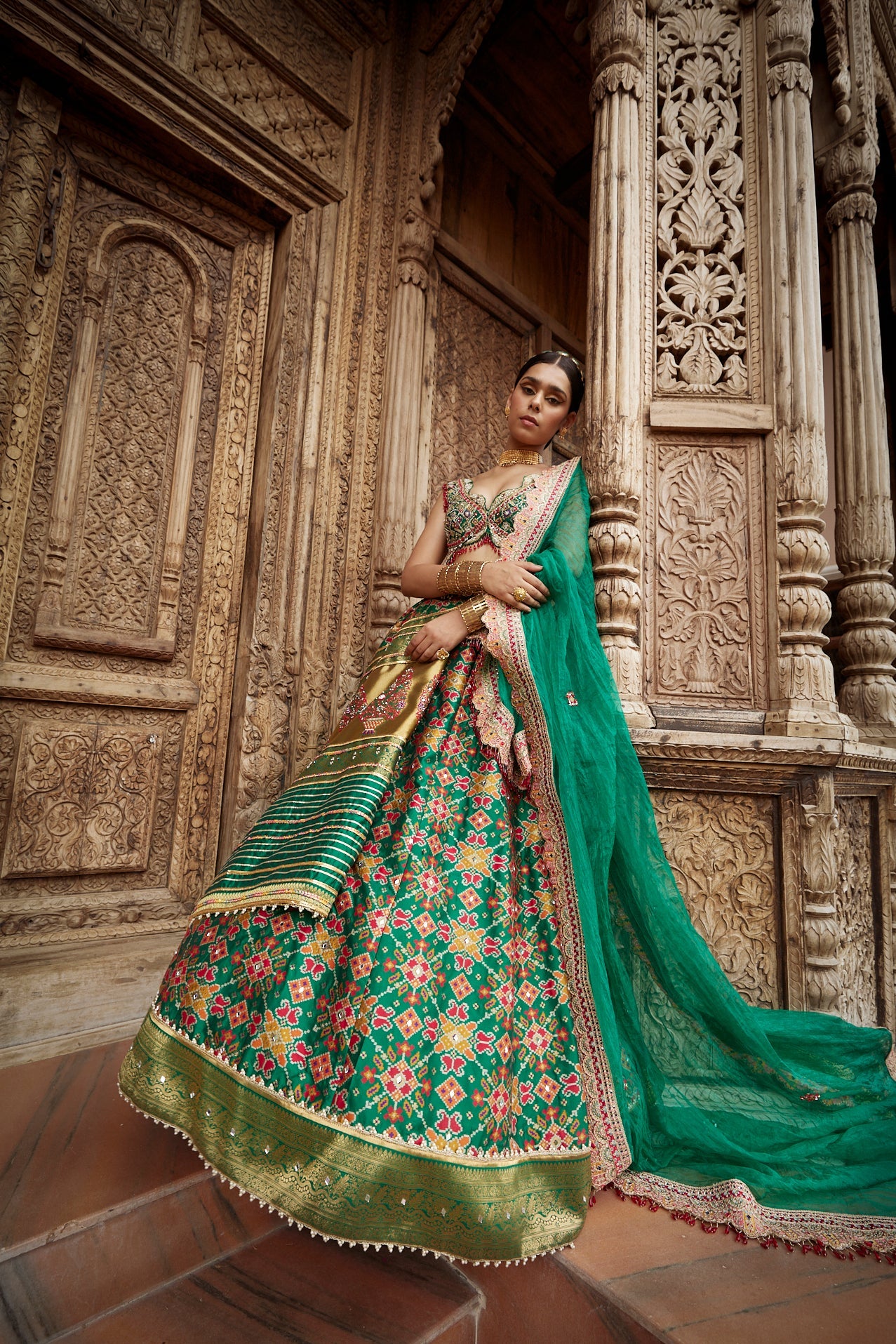 Women's Dark Green Patola Woven Lehenga Set | Aditi Gupta