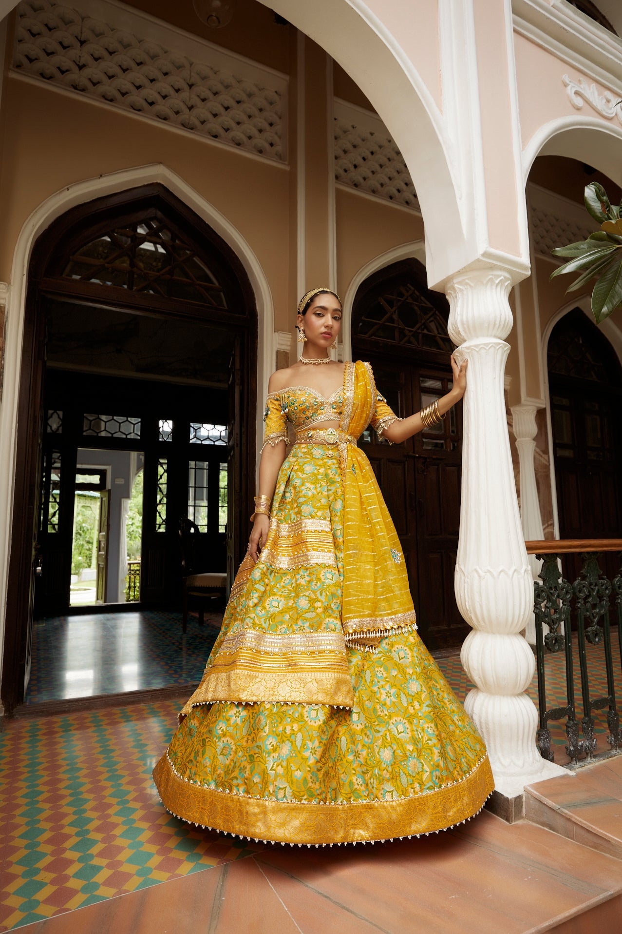 Buy Women's Yellow Floral Jamawar Lehenga Set