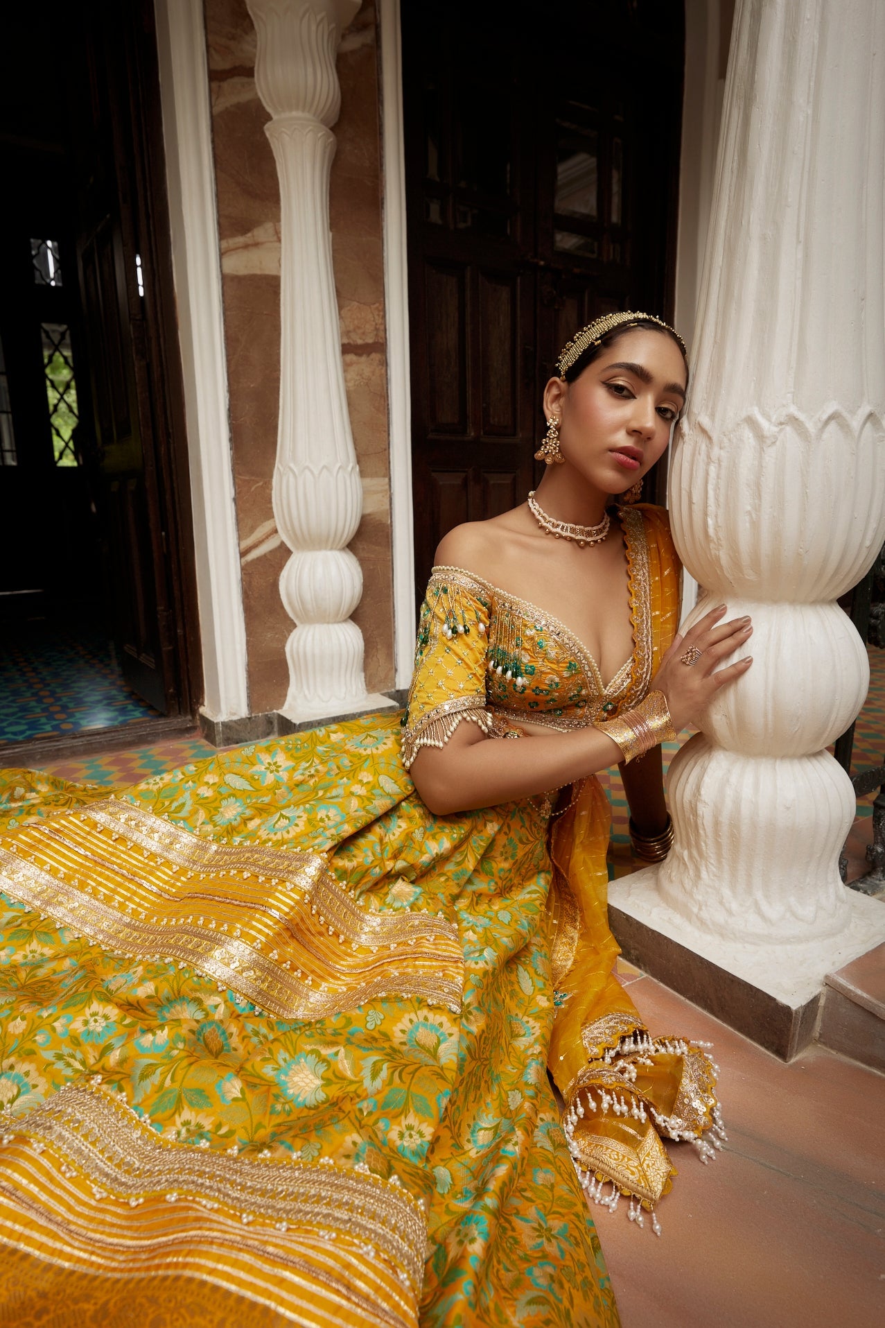 Buy Women's Yellow Floral Jamawar Lehenga Set