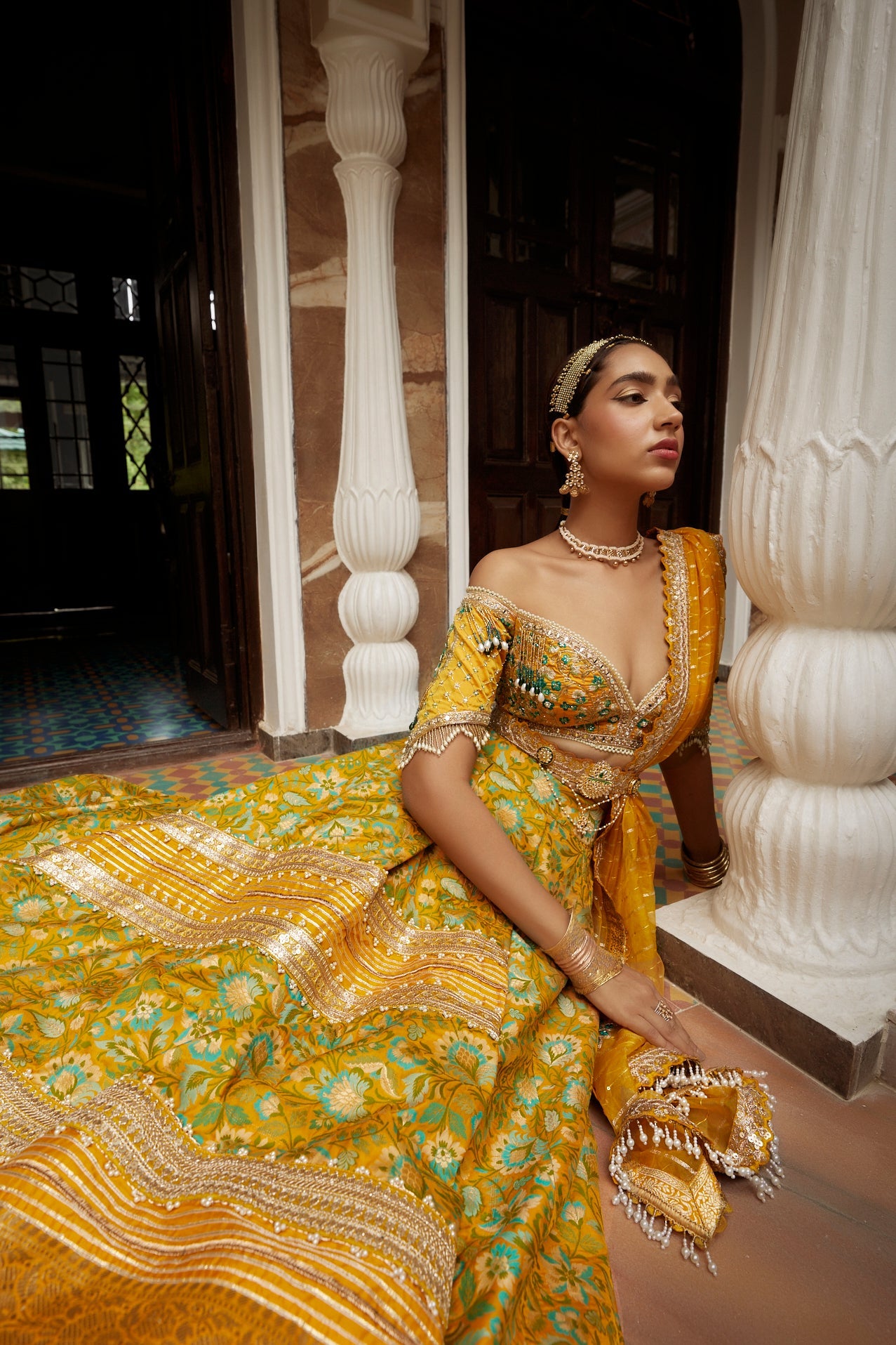 Buy Women's Yellow Floral Jamawar Lehenga Set