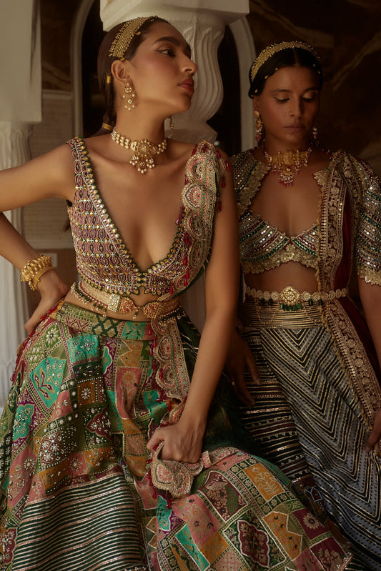 Women's Green Abstract Jamawar Banarasi Lehenga