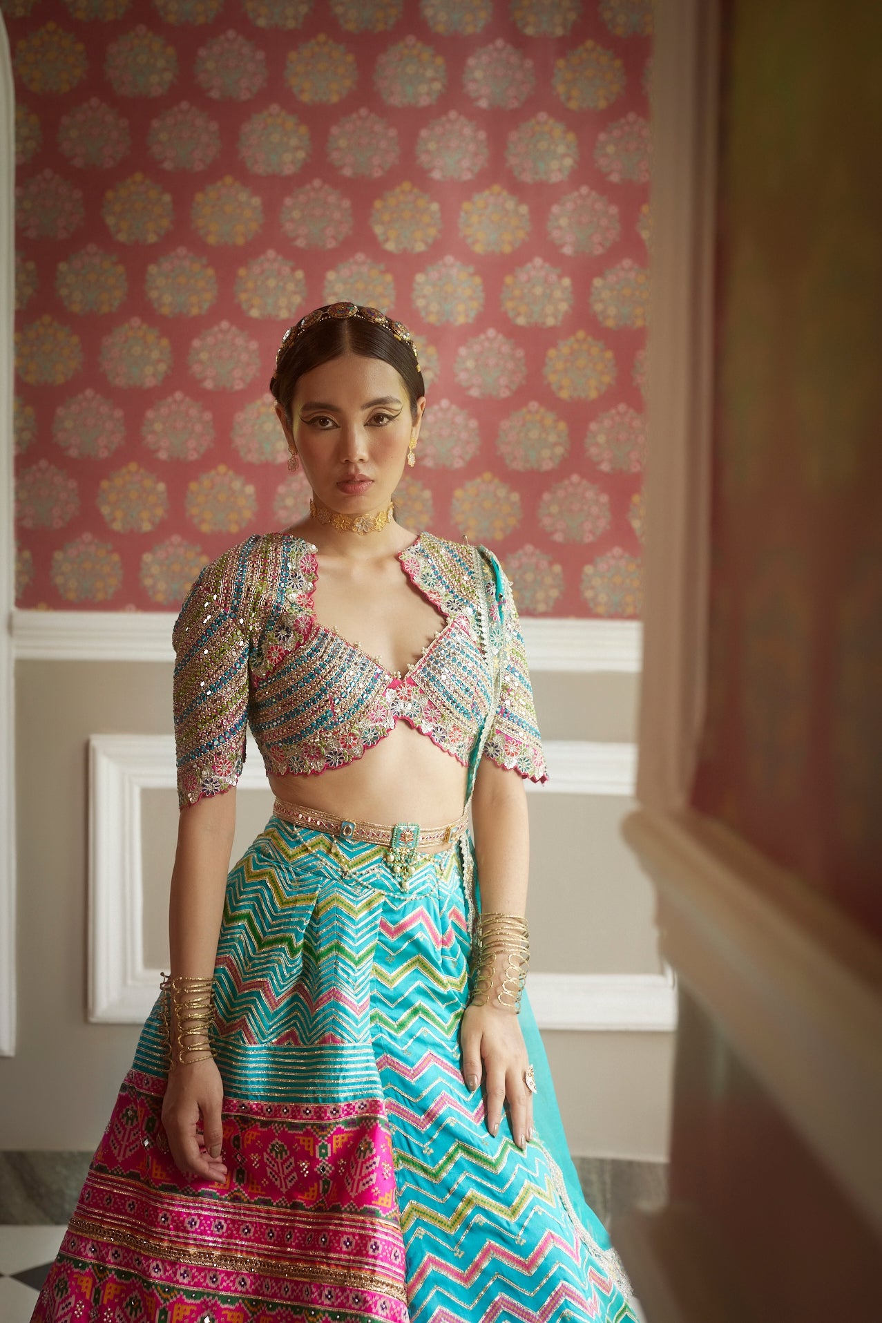 Women's Firozi Chevron Patola Woven Lehenga