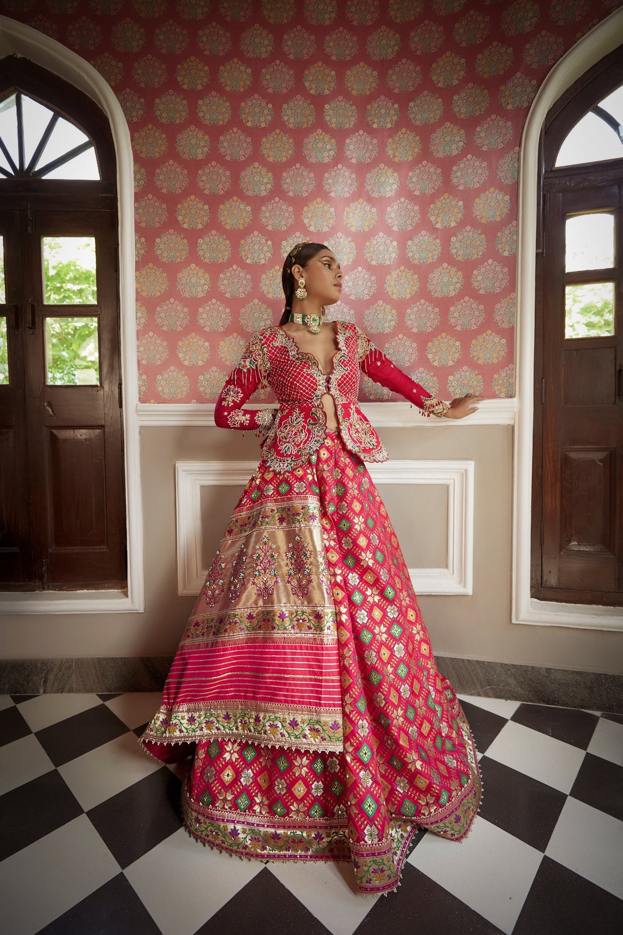 Women's Coral Patola Woven Jacket Lehenga Set