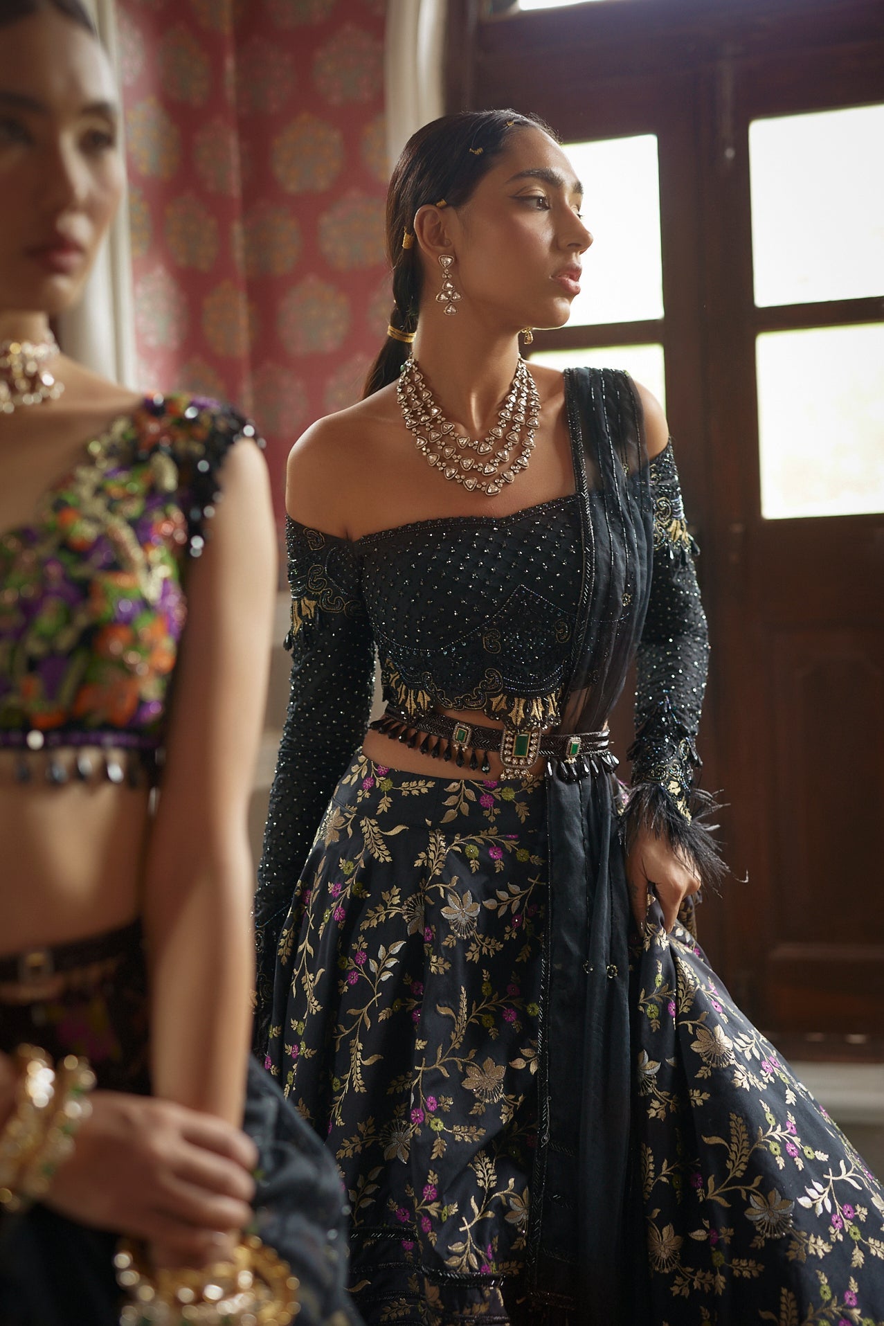Women's Black Floral Embroidered Lehenga Set