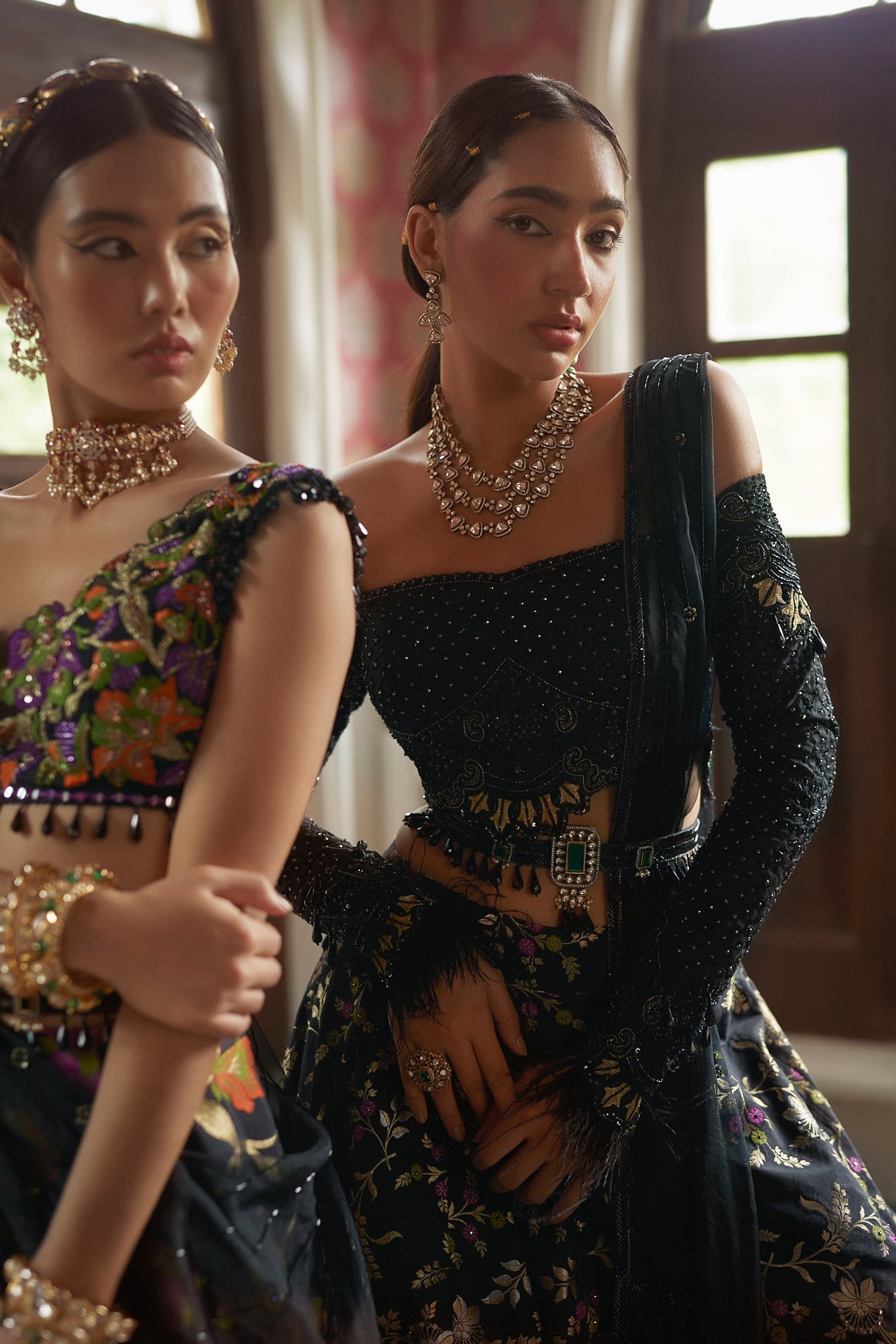 Women's Black Floral Embroidered Lehenga Set