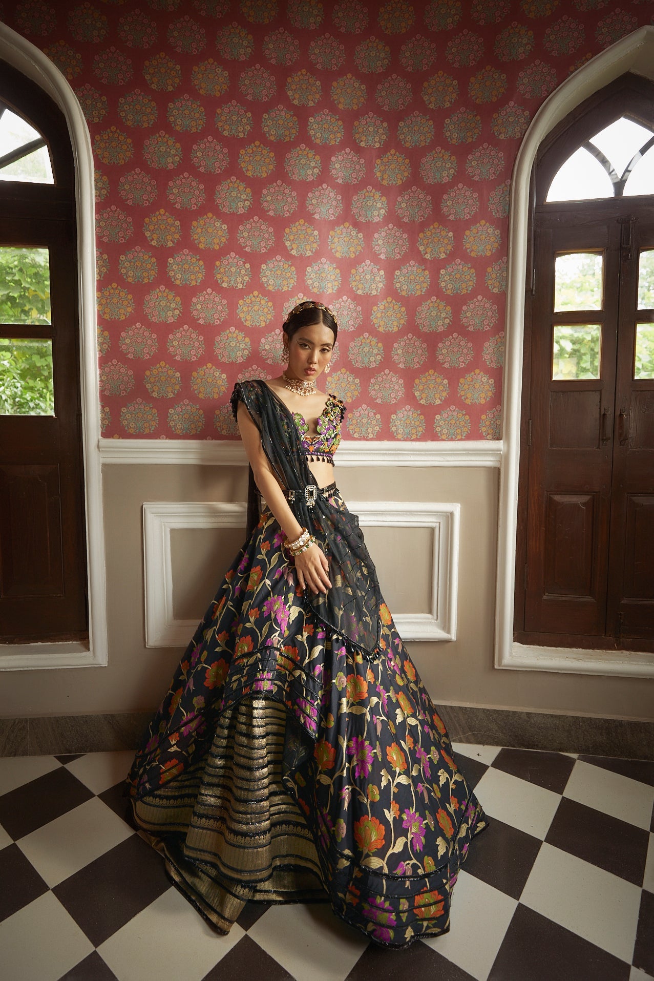Women's Black-Multicolored Floral Lehenga Set