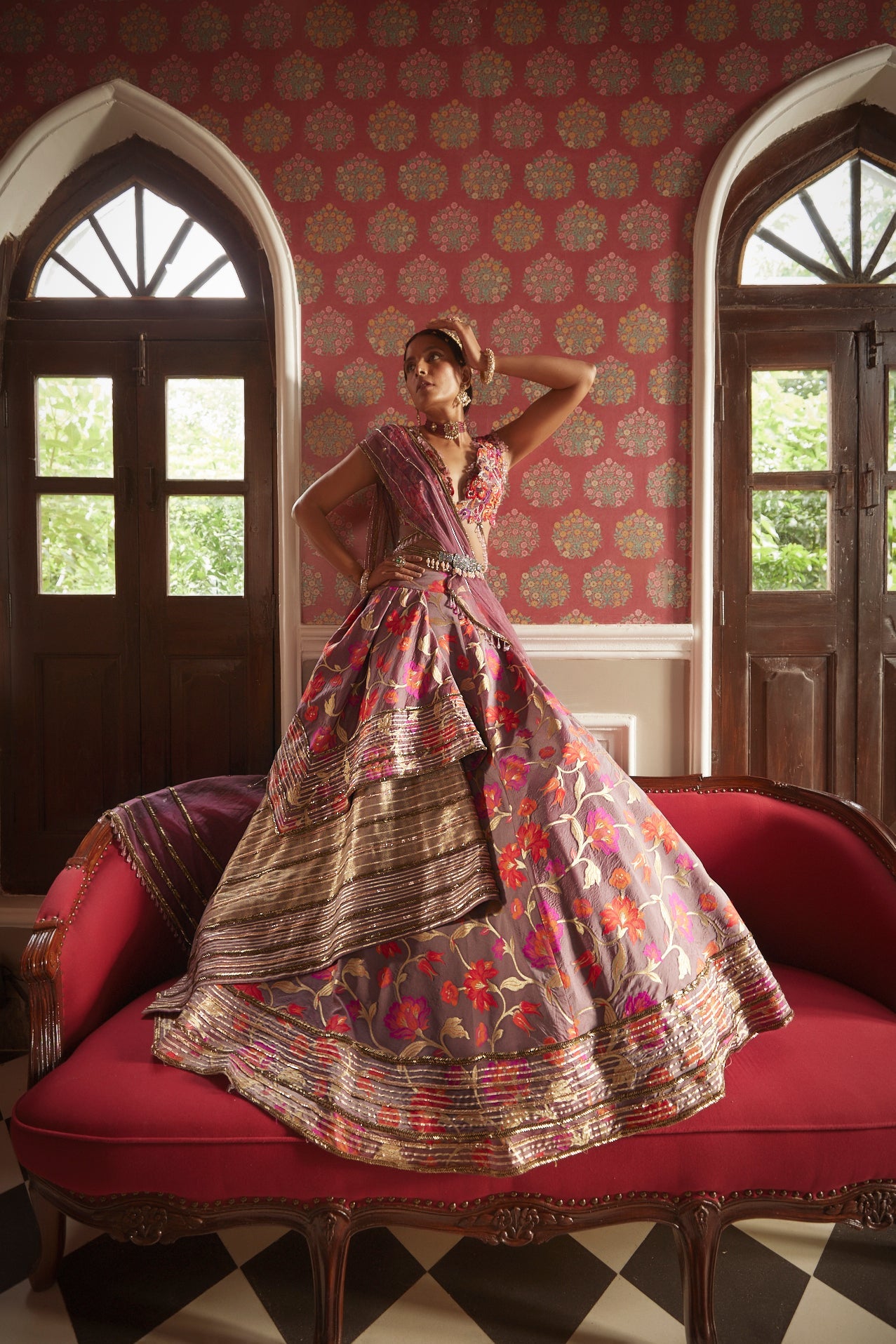 Women's Purple Floral Embroidered Lehenga