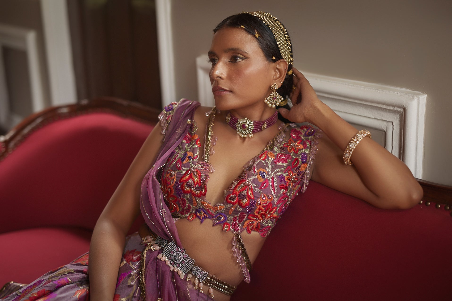 Women's Purple Floral Embroidered Lehenga