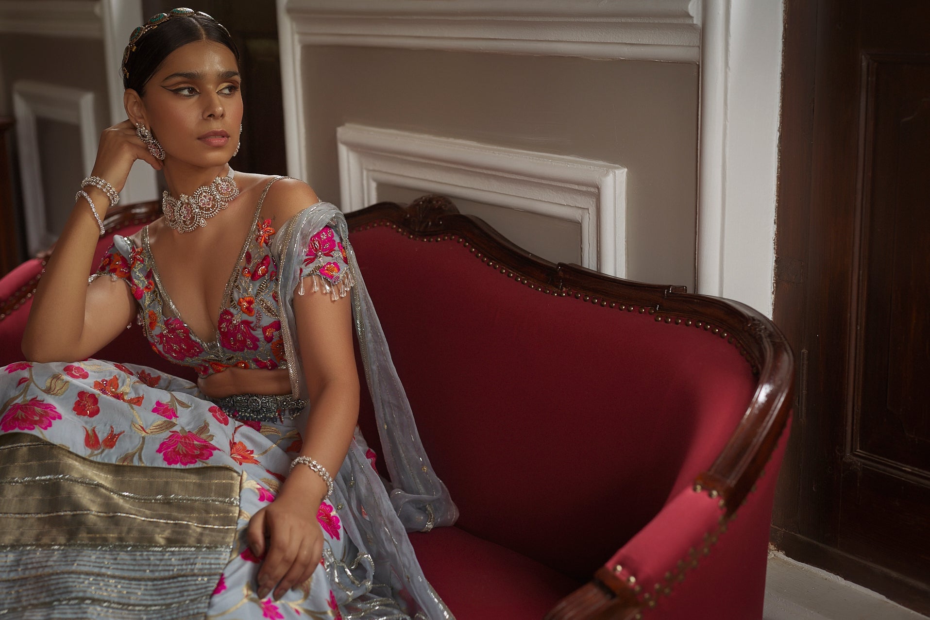 Women's Designer Grey Floral Lehenga Set