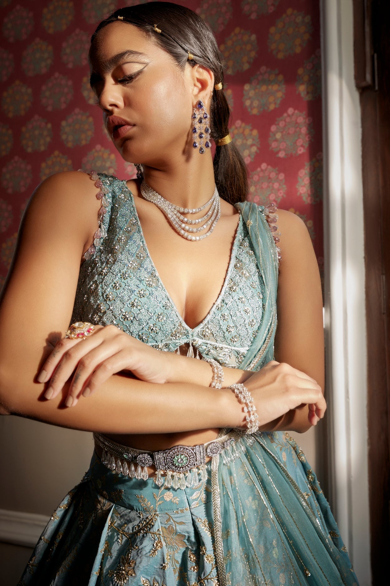 Buy Women's Designer Blue Floral Lehenga Set